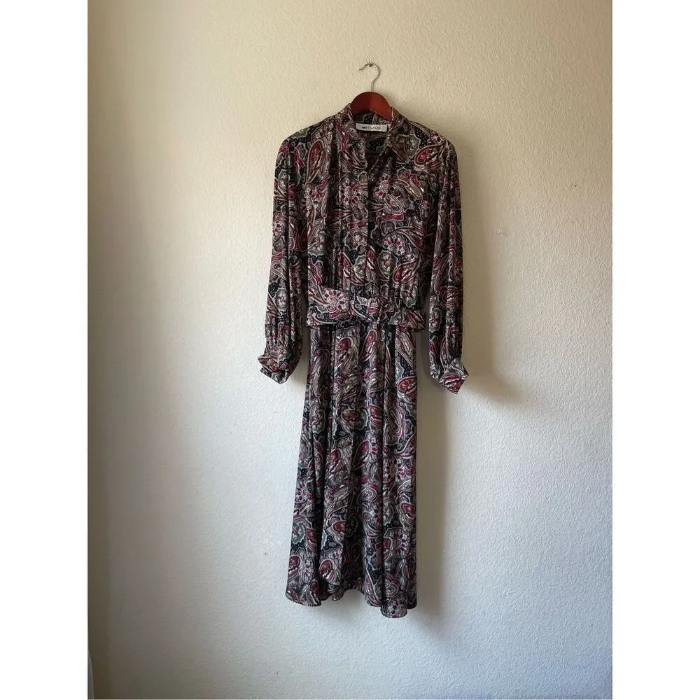 Vintage 80s work wear career boho shirt dress midi length size 8